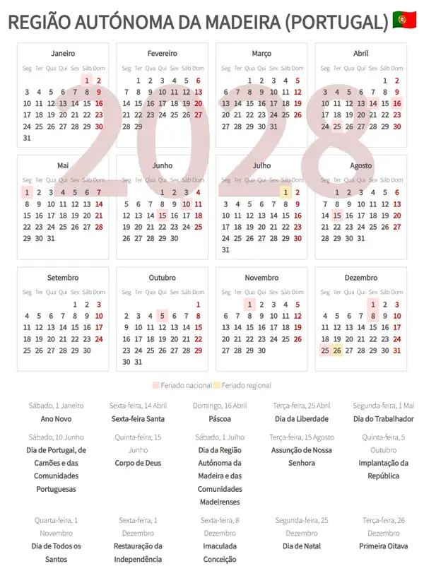 Calendário Laboral 2028, Região autónoma da madeira (Portugal)