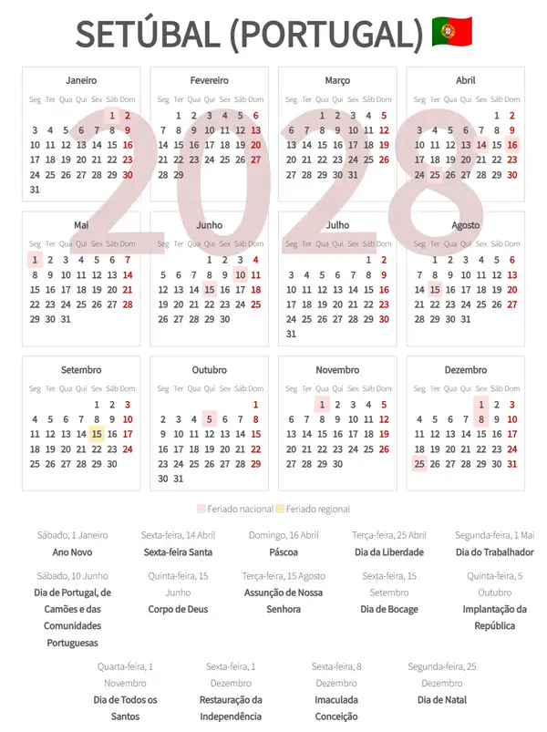Calendário Laboral 2028, Setúbal (Portugal)