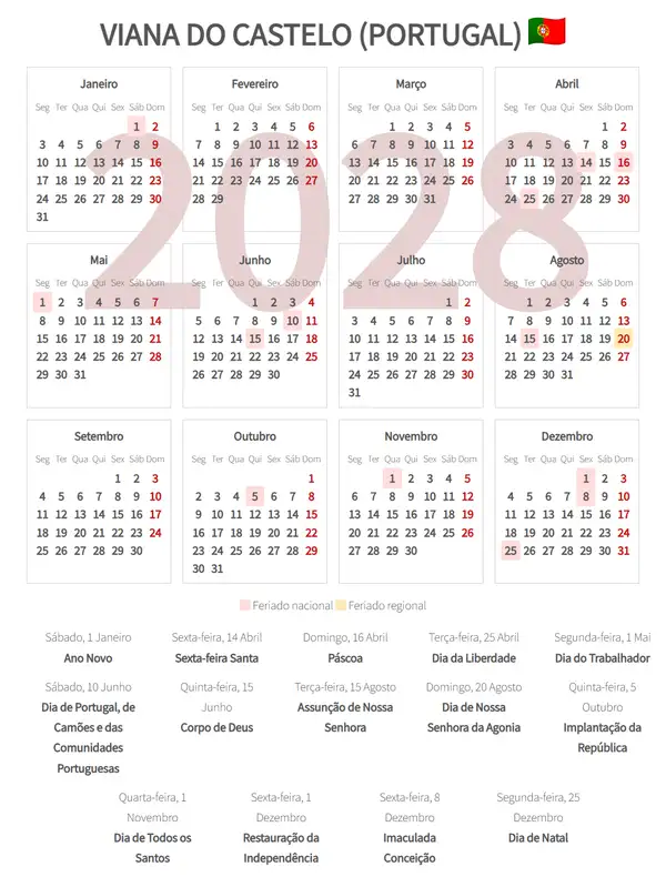 Calendário Laboral 2028, Viana do castelo (Portugal)