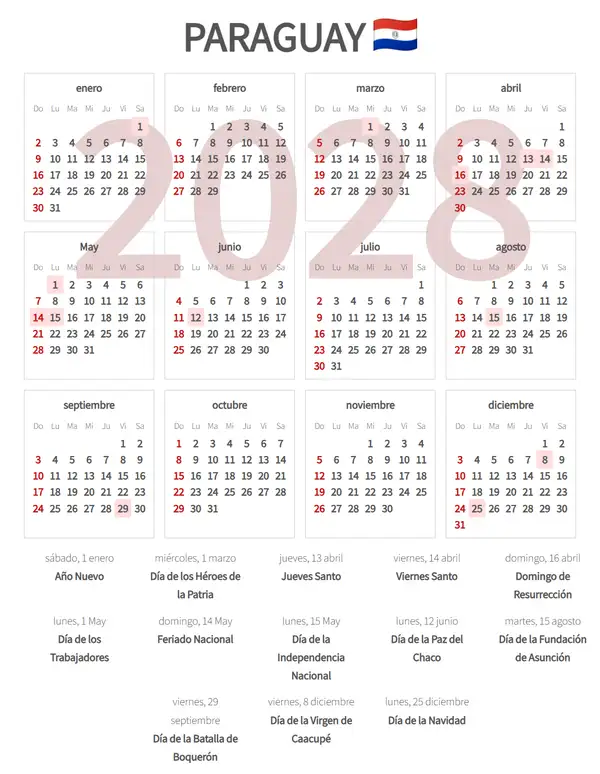 Calendario Laboral 2028 de Paraguay