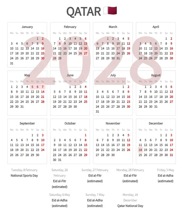 Work Calendar 2028, Qatar - Public Holidays