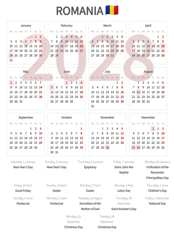 Work Calendar 2028, Romania - Public Holidays