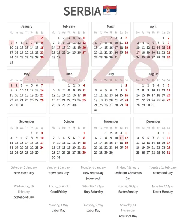 Work Calendar 2028, Serbia - Public Holidays