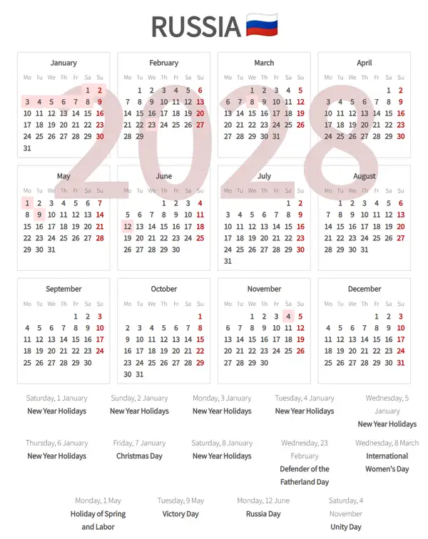 Work Calendar 2028, Russia - Public Holidays