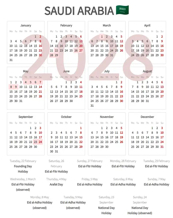 Work Calendar 2028, Saudi arabia - Public Holidays