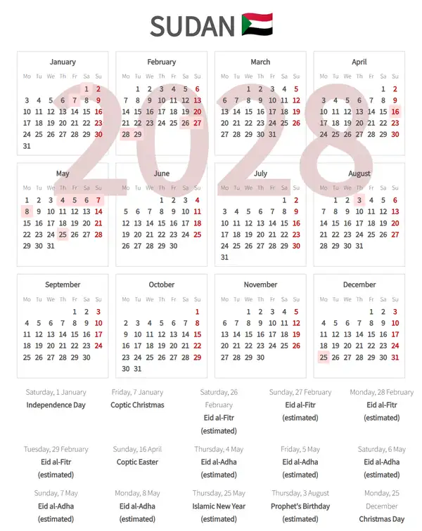 Work Calendar 2028, Sudan - Public Holidays