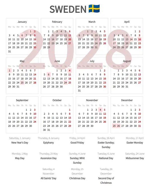 Work Calendar 2028, Sweden - Public Holidays