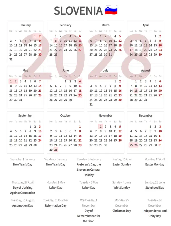 Work Calendar 2028, Slovenia - Public Holidays