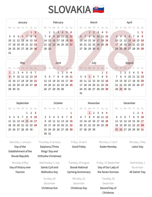 Work Calendar 2028, Slovakia - Public Holidays