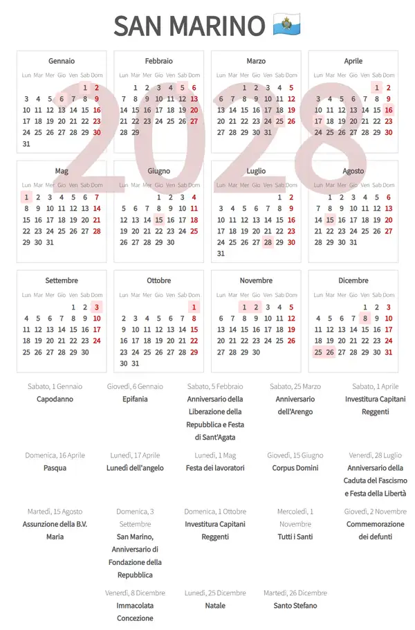 Calendario Lavorativo 2028 per San marino