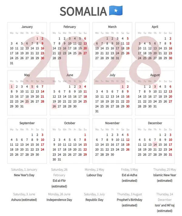 Work Calendar 2028, Somalia - Public Holidays