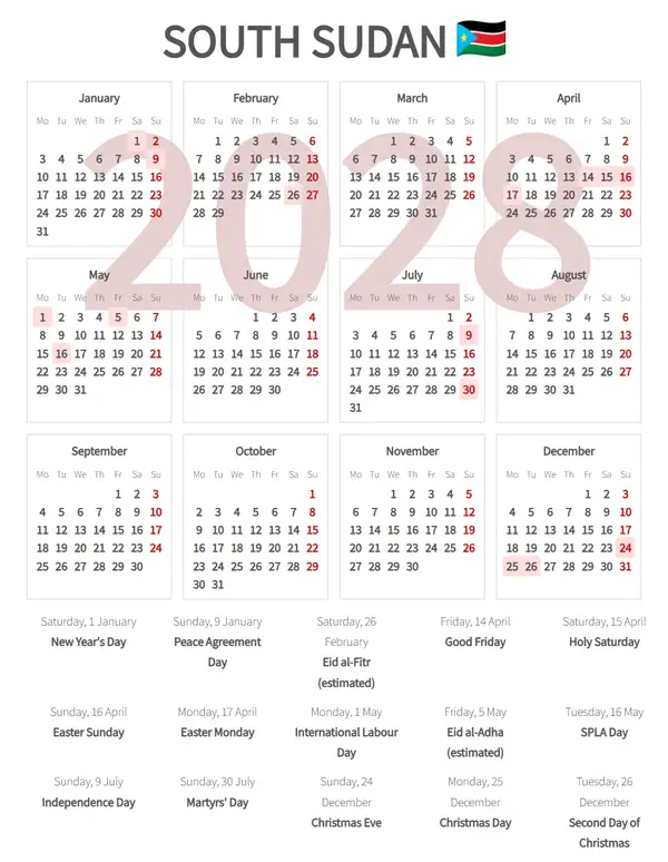 Work Calendar 2028, South sudan - Public Holidays