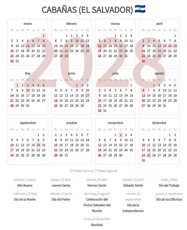 Calendario Laboral 2028, Cabañas (El salvador)