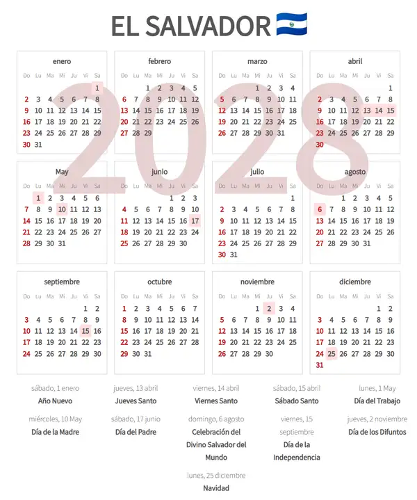 Calendario Laboral 2028 de El salvador