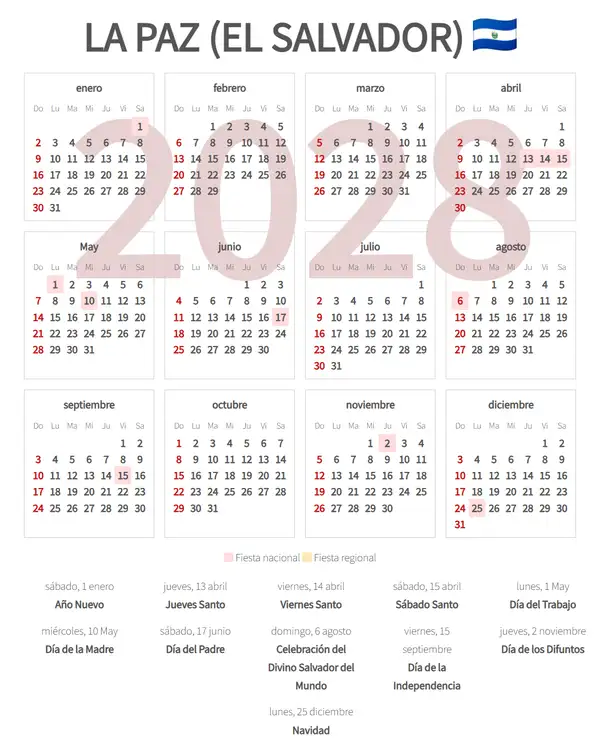 Calendario Laboral 2028, La paz (El salvador)