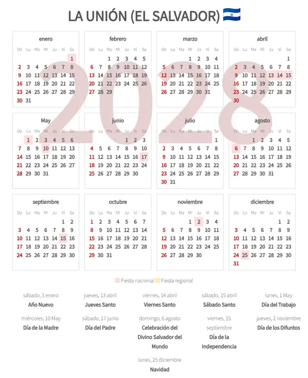 Calendario Laboral 2028, La unión (El salvador)