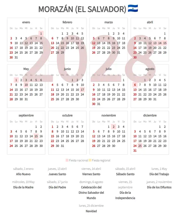 Calendario Laboral 2028, Morazán (El salvador)