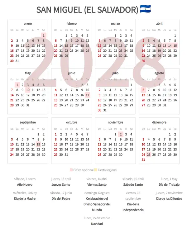 Calendario Laboral 2028, San miguel (El salvador)