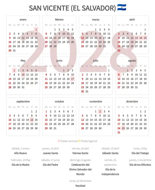 Calendario Laboral 2028, San vicente (El salvador)