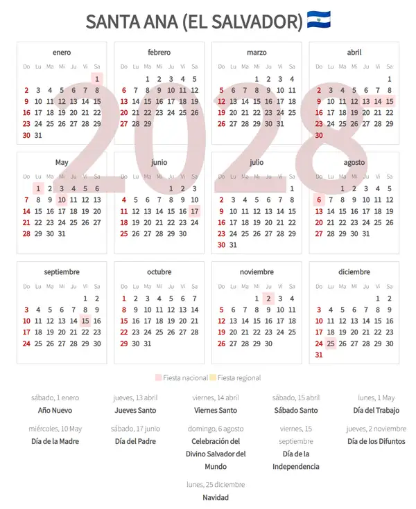 Calendario Laboral 2028, Santa ana (El salvador)