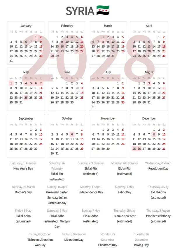 Work Calendar 2028, Syria - Public Holidays