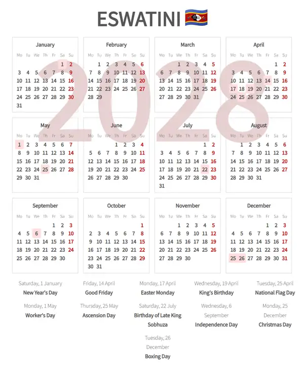 Work Calendar 2028, Eswatini - Public Holidays