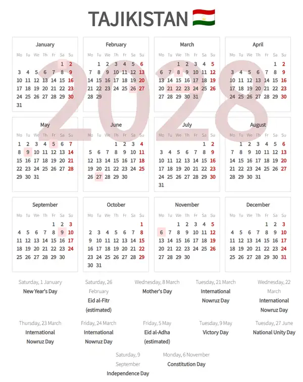 Work Calendar 2028, Tajikistan - Public Holidays