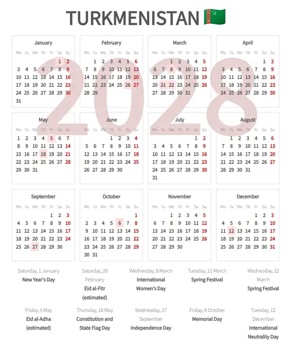 Work Calendar 2028, Turkmenistan - Public Holidays