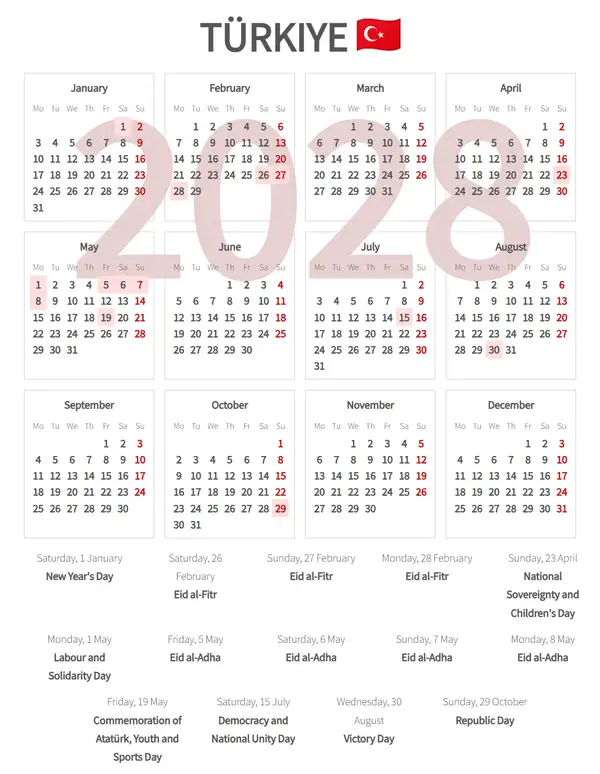 Work Calendar 2028, Türkiye - Public Holidays