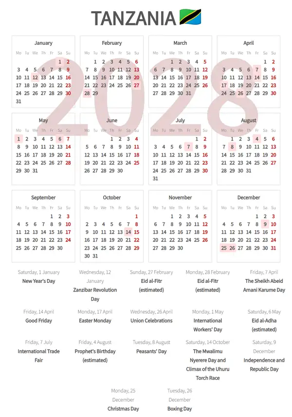 Work Calendar 2028, Tanzania - Public Holidays
