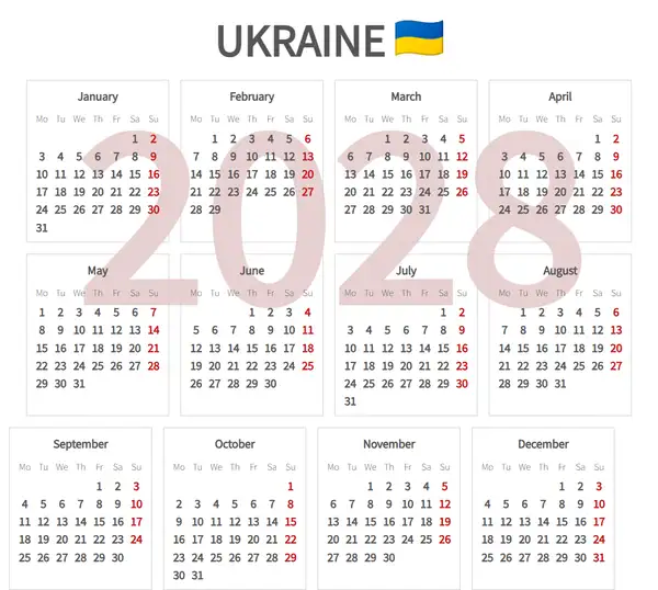 Work Calendar 2028, Ukraine - Public Holidays