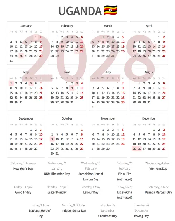 Work Calendar 2028, Uganda - Public Holidays