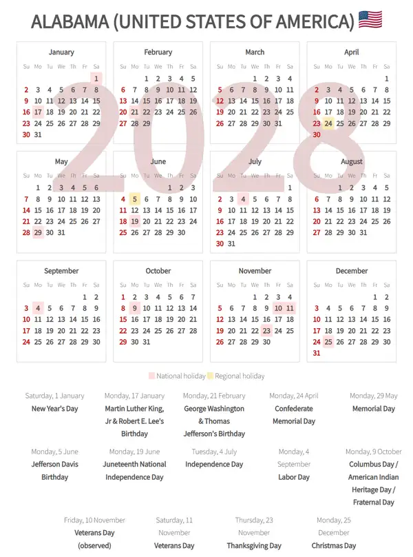 Work Calendar 2028, Alabama (United states of america)