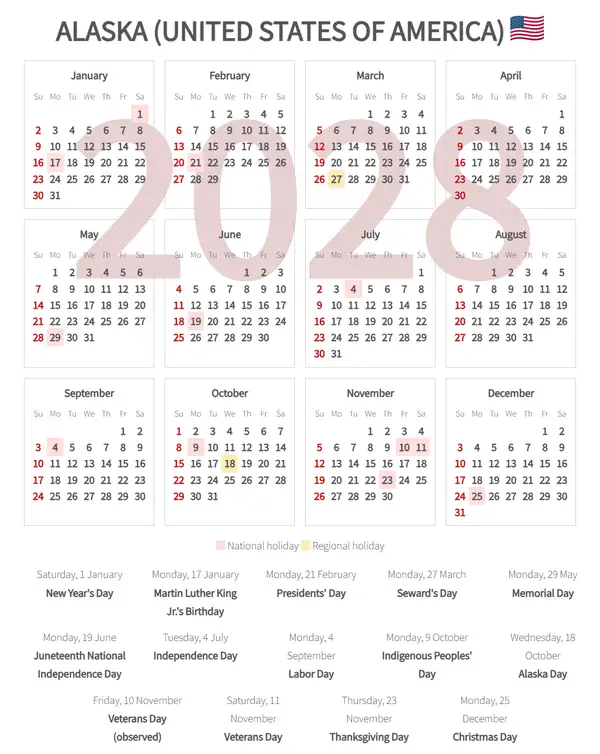 Work Calendar 2028, Alaska (United states of america)