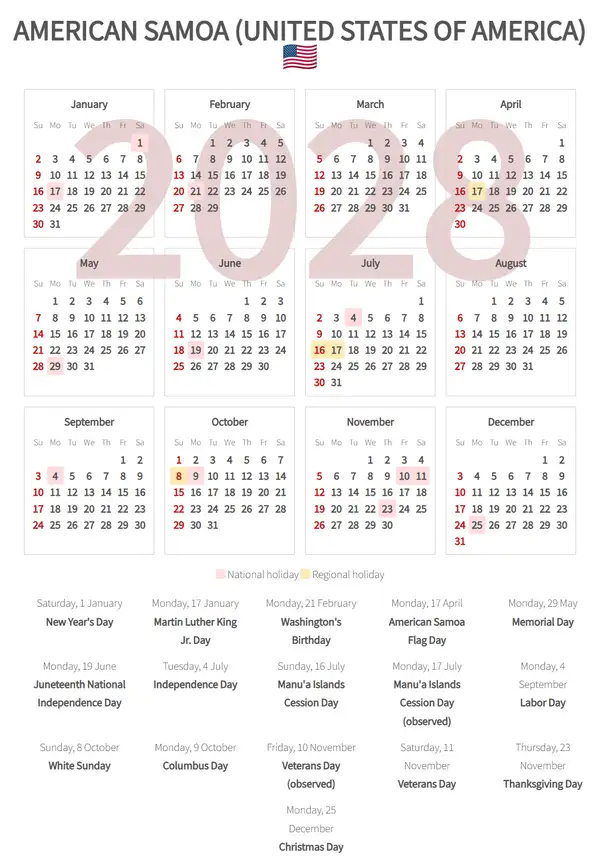 Work Calendar 2028, American samoa (United states of america)