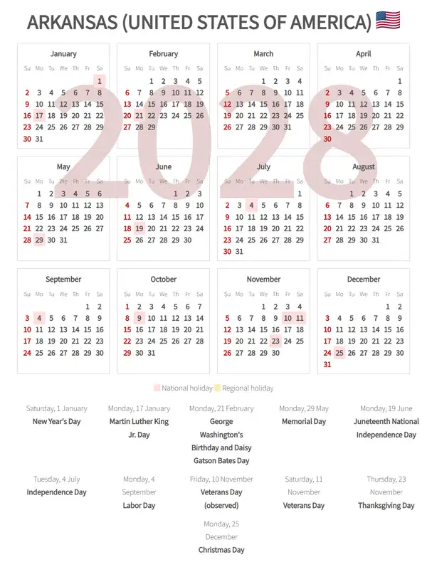 Work Calendar 2028, Arkansas (United states of america)