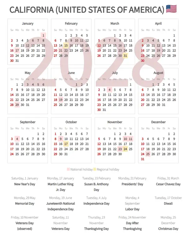 Work Calendar 2028, California (United states of america)
