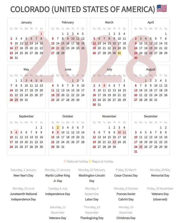 Work Calendar 2028, Colorado (United states of america)