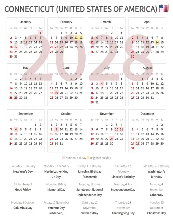 Work Calendar 2028, Connecticut (United states of america)