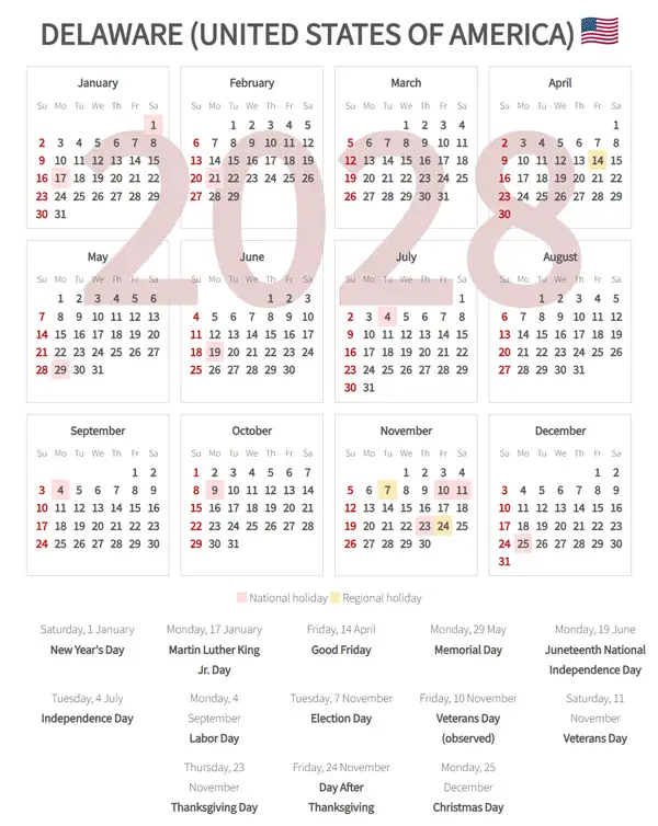 Work Calendar 2028, Delaware (United states of america)