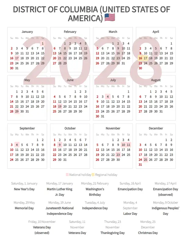 Work Calendar 2028, District of columbia (United states of america)