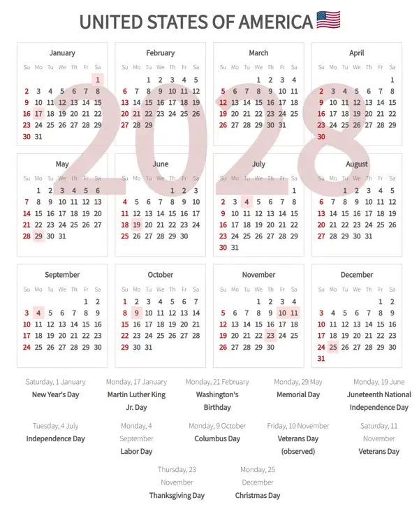 Work Calendar 2028, United states of america - Public Holidays