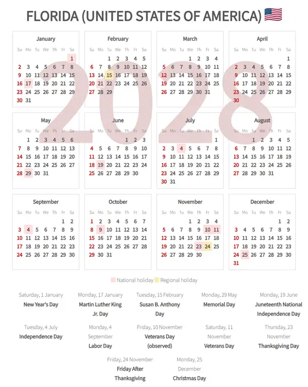 Work Calendar 2028, Florida (United states of america)