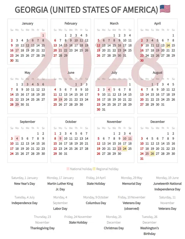 Work Calendar 2028, Georgia (United states of america)