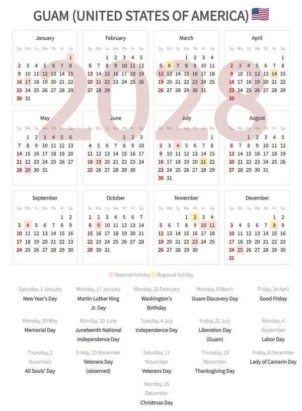 Work Calendar 2028, Guam (United states of america)