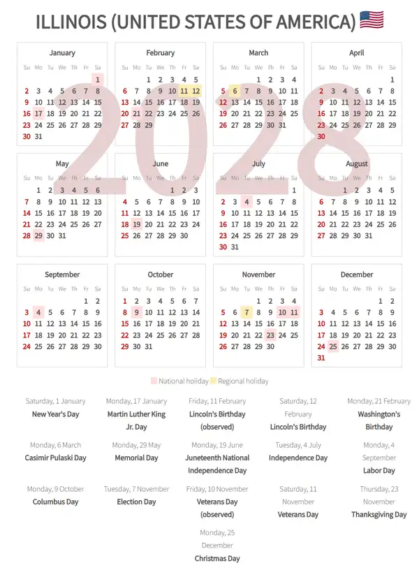Work Calendar 2028, Illinois (United states of america)