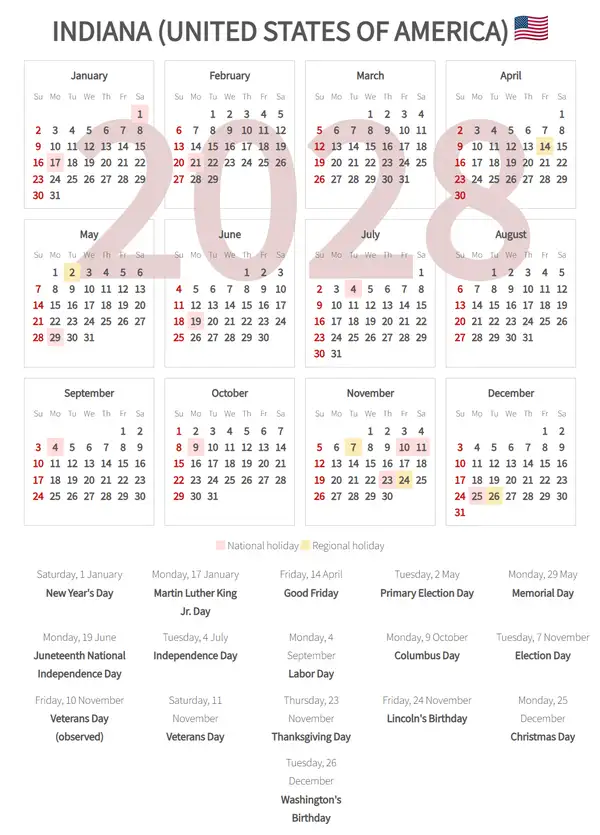 Work Calendar 2028, Indiana (United states of america)