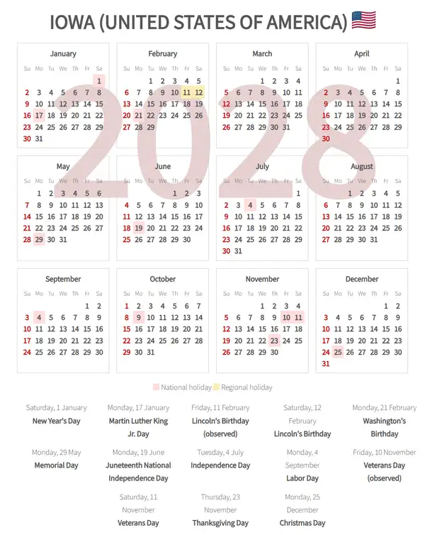 Work Calendar 2028, Iowa (United states of america)