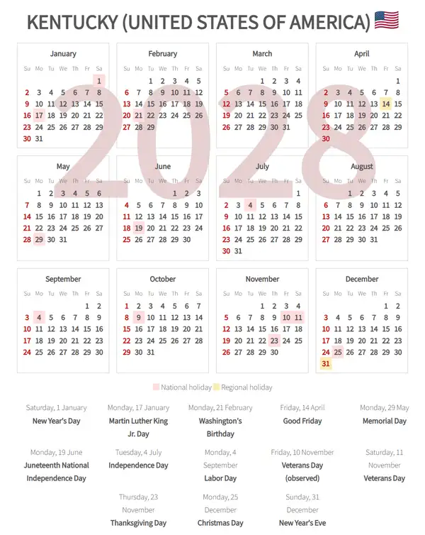 Work Calendar 2028, Kentucky (United states of america)