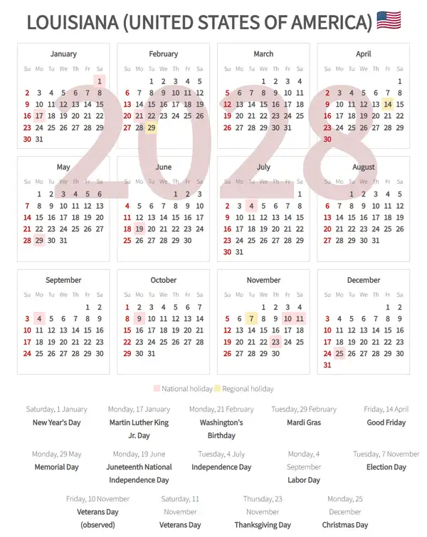 Work Calendar 2028, Louisiana (United states of america)
